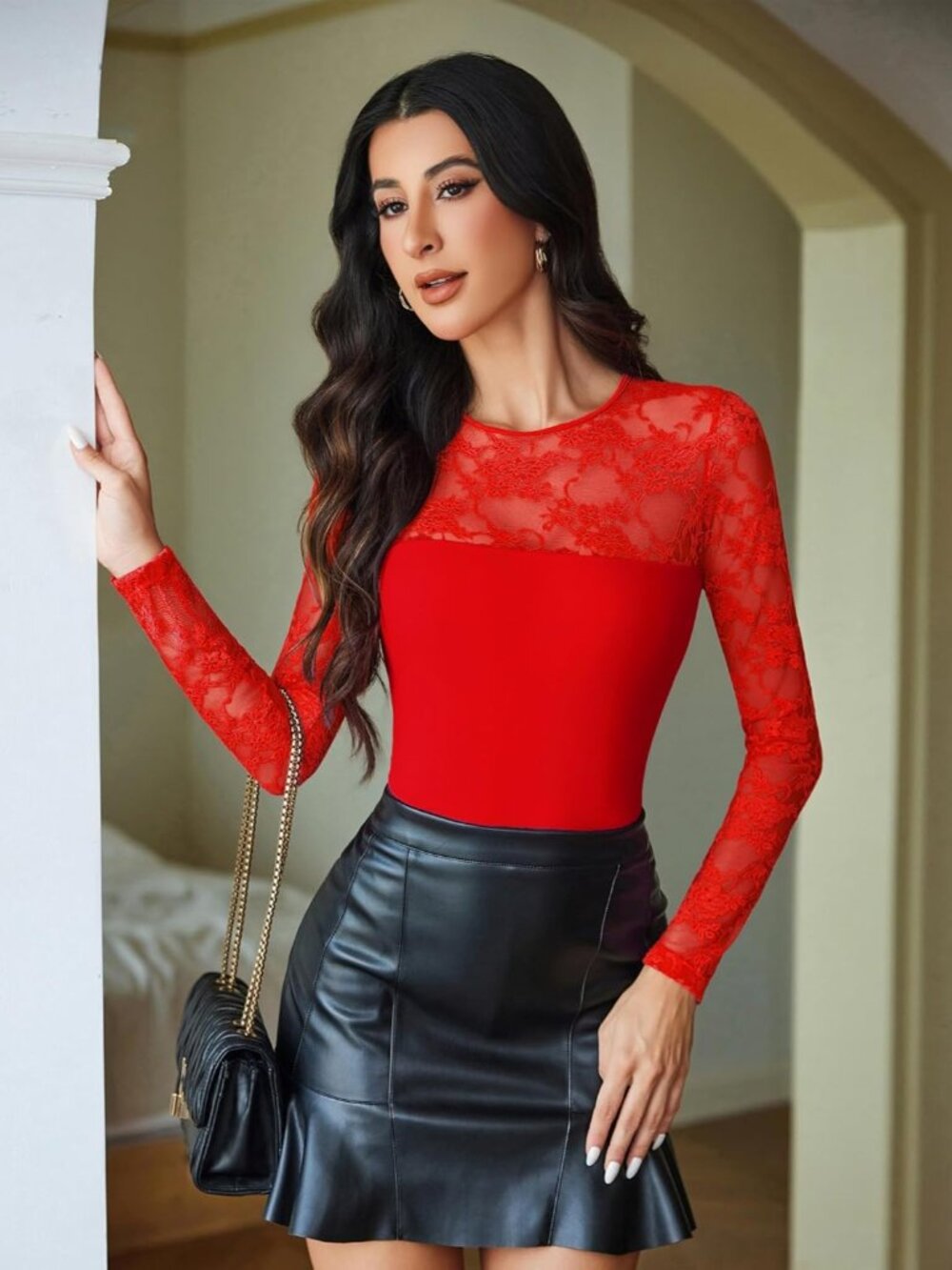〽️ Women's Red Long Sleeve Lace Crew Neck Slimming Fit Concert Bodysuit Tops - Picture 5 of 6